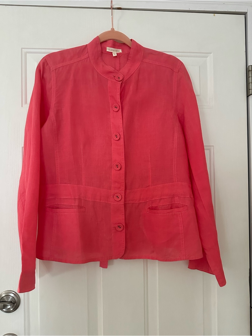 Eileen Fisher Irish Linen Button Front Band Collar Jacket Coral Pink